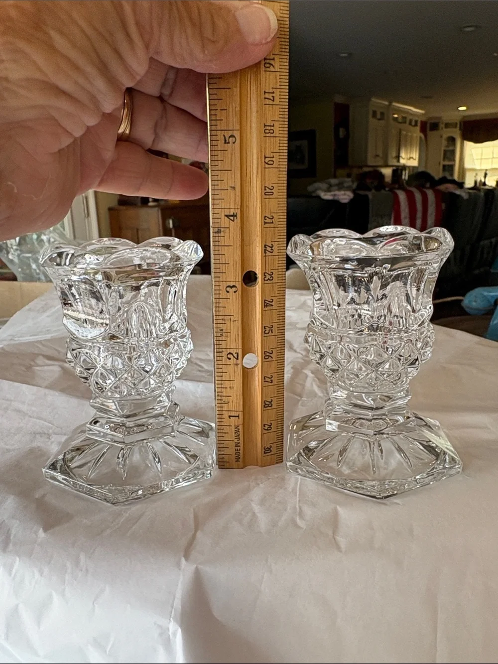 Source Unknown Clear Pressed Glass Decorative candle holder.They each weigh 287g
